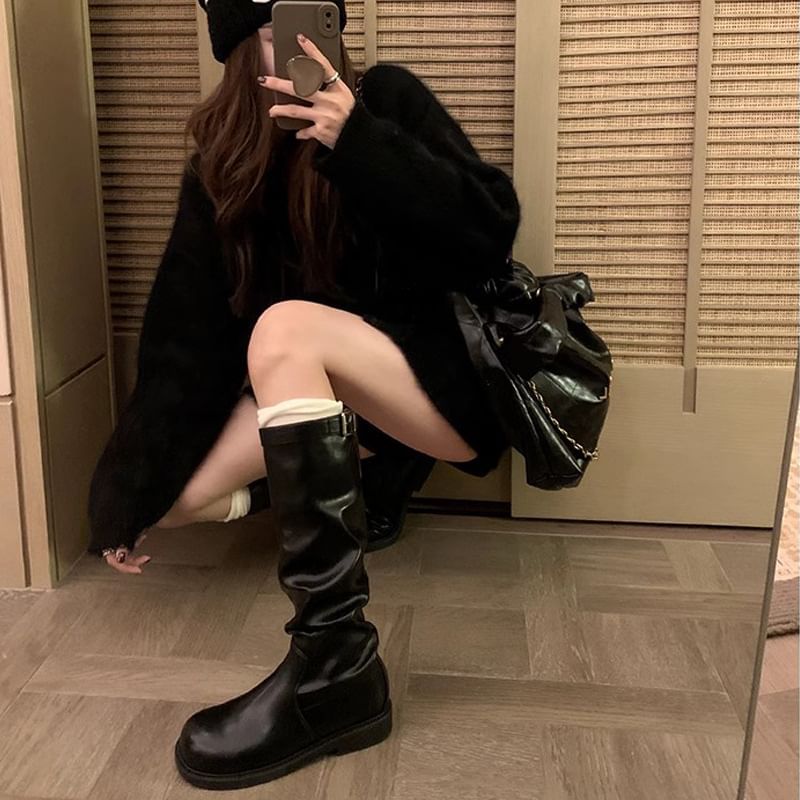 Calf Boots Mid Plain Tall Buckled /