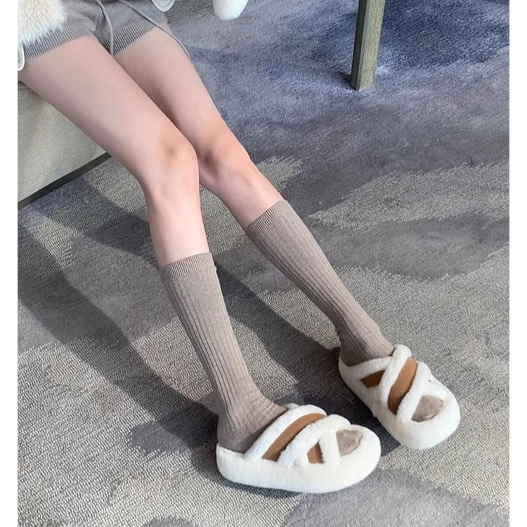 Plain Fleece Cross Band Slide Sandals