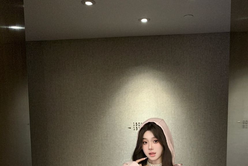 Rise Hooded Skirt Mini Trim Plain / Neck Lace Long-Sleeve Scoop Mid A-Line Top