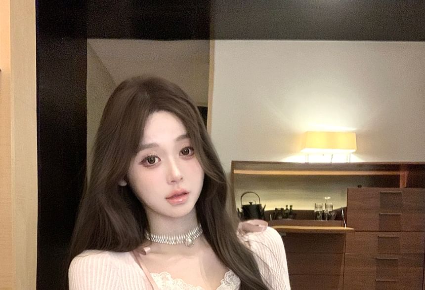 Rise Hooded Skirt Mini Trim Plain / Neck Lace Long-Sleeve Scoop Mid A-Line Top