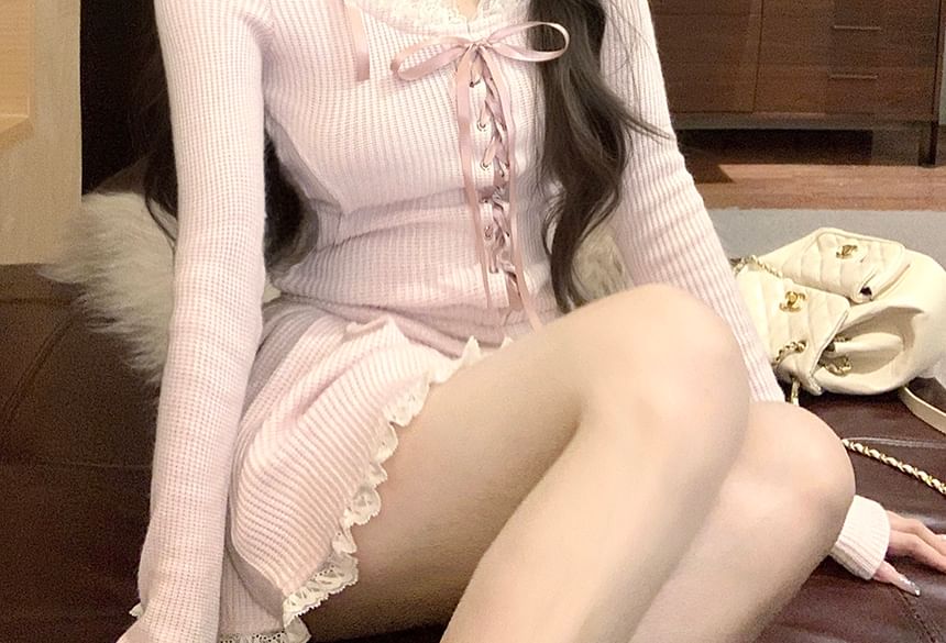 Rise Hooded Skirt Mini Trim Plain / Neck Lace Long-Sleeve Scoop Mid A-Line Top