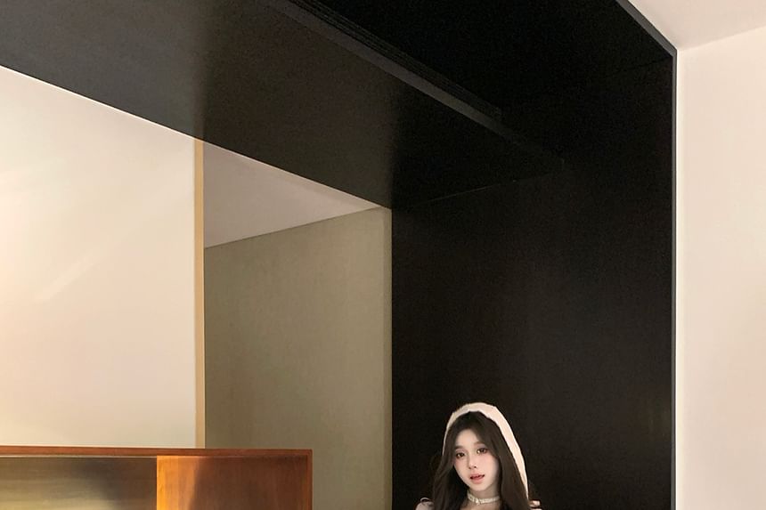 Rise Hooded Skirt Mini Trim Plain / Neck Lace Long-Sleeve Scoop Mid A-Line Top