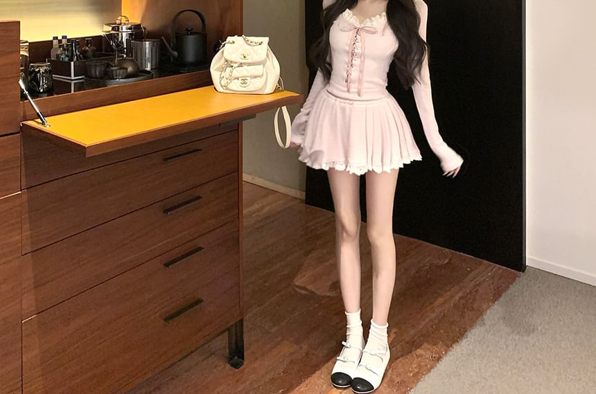 Rise Hooded Skirt Mini Trim Plain / Neck Lace Long-Sleeve Scoop Mid A-Line Top