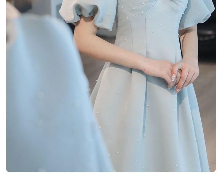 A-Line Plain Puff-Sleeve Evening Faux Gown Pearl