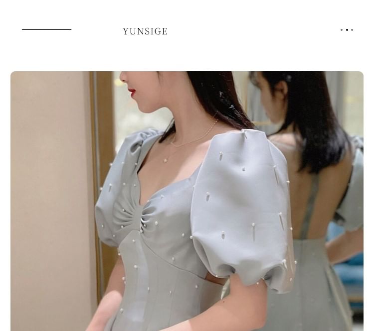 A-Line Plain Puff-Sleeve Evening Faux Gown Pearl