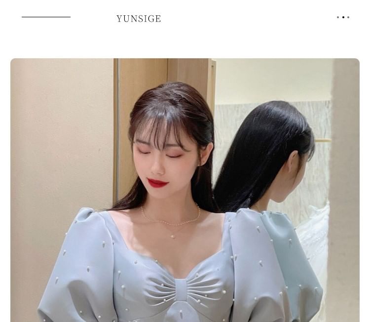 A-Line Plain Puff-Sleeve Evening Faux Gown Pearl