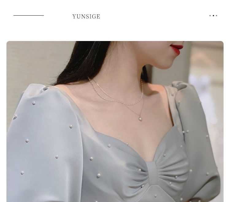 A-Line Plain Puff-Sleeve Evening Faux Gown Pearl