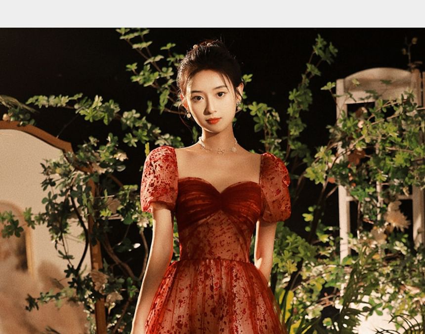 Gown A-Line Patterned Evening Puff-Sleeve Sequin