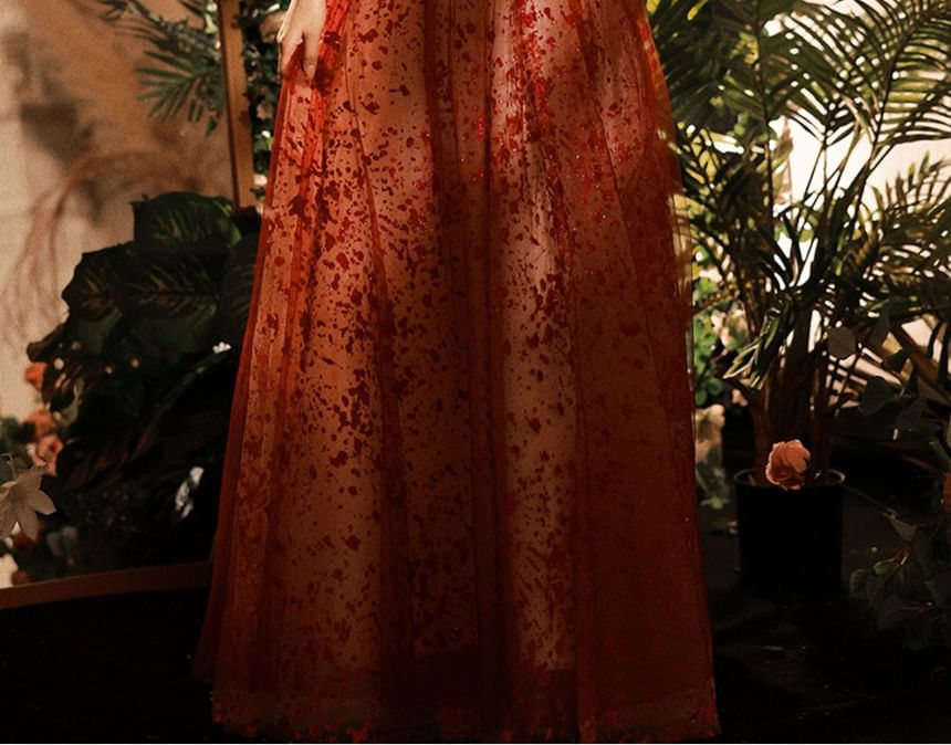 Gown A-Line Patterned Evening Puff-Sleeve Sequin