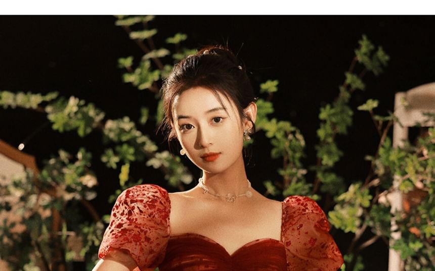 Gown A-Line Patterned Evening Puff-Sleeve Sequin