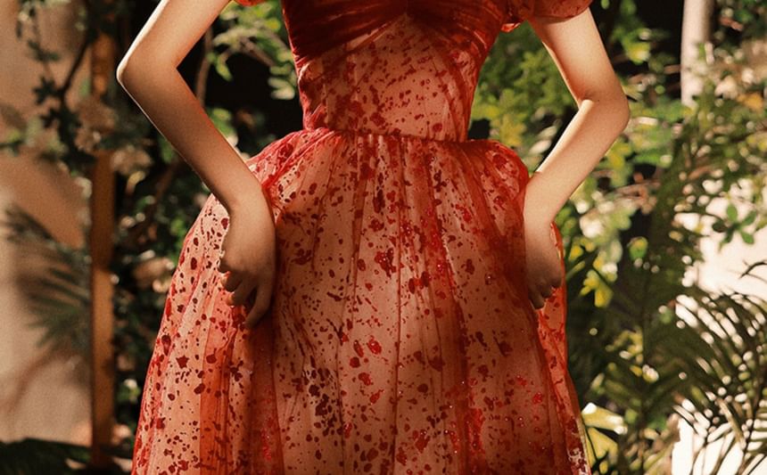 Gown A-Line Patterned Evening Puff-Sleeve Sequin