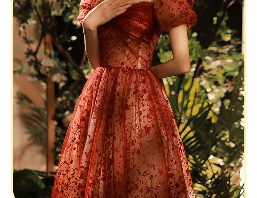 Gown A-Line Patterned Evening Puff-Sleeve Sequin