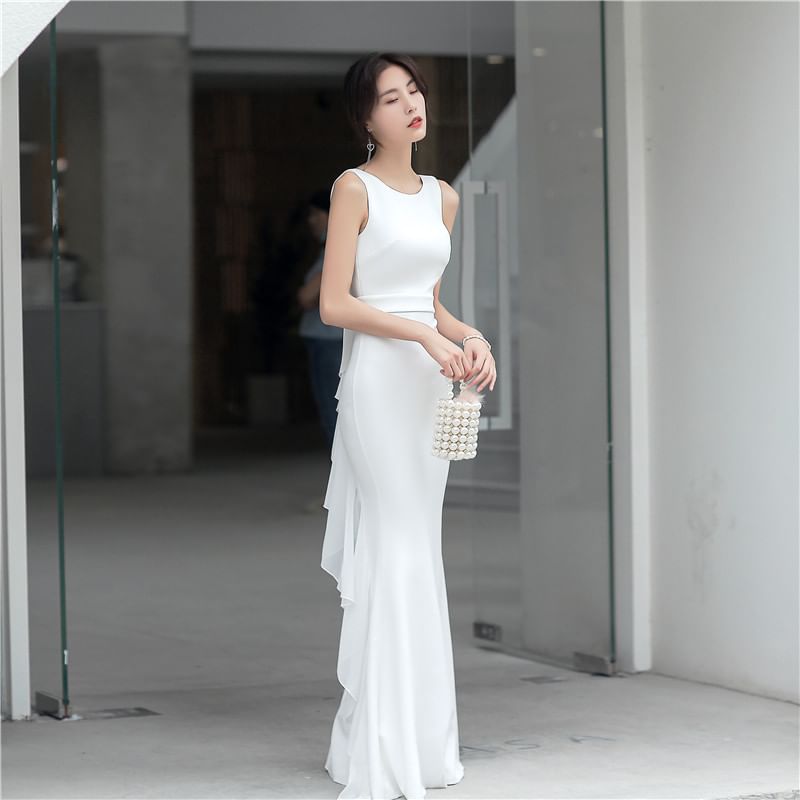 Gown Ruffle Plain Sleeveless Open Back Mermaid Wedding