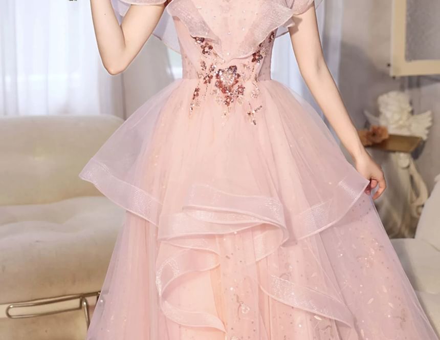 A-Line Evening Ruffle Floral Sequin Gown Short-Sleeve