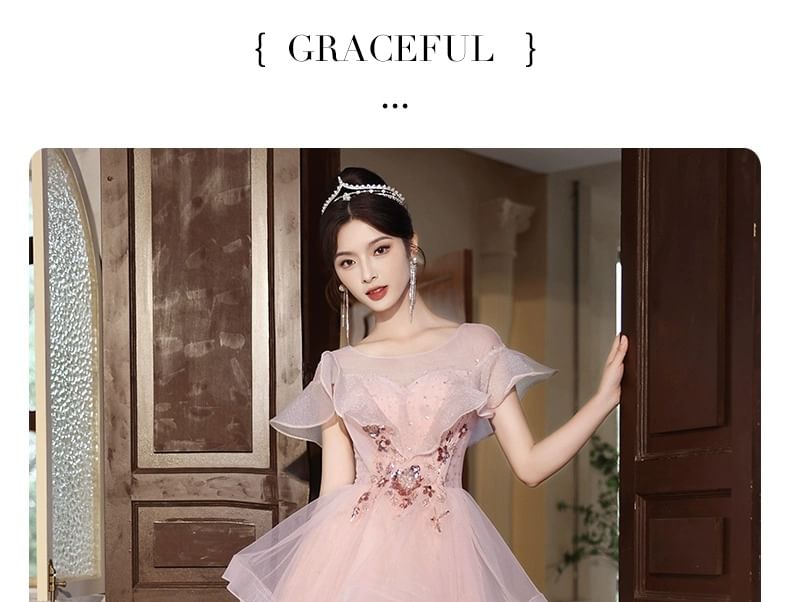 A-Line Evening Ruffle Floral Sequin Gown Short-Sleeve