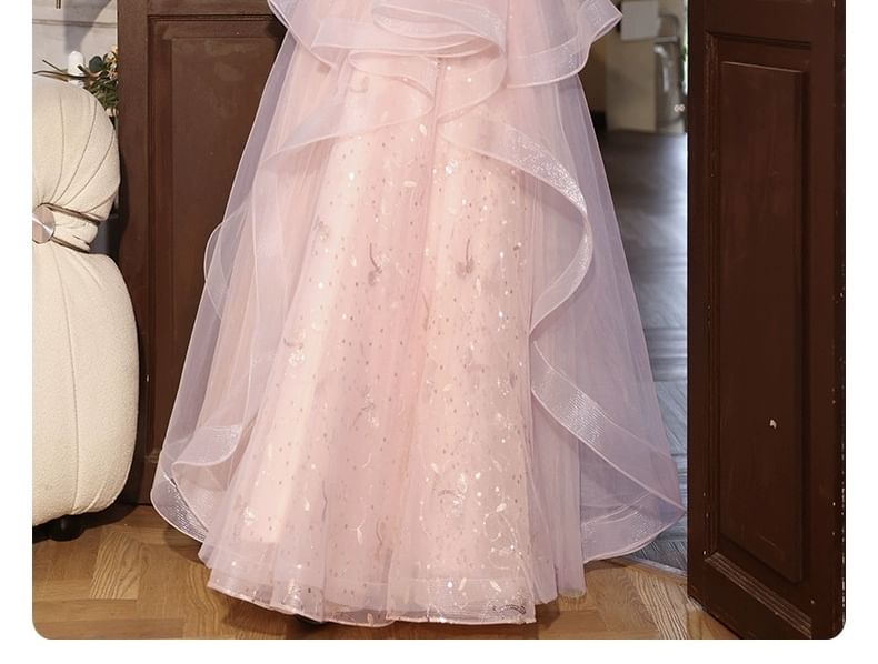 A-Line Evening Ruffle Floral Sequin Gown Short-Sleeve