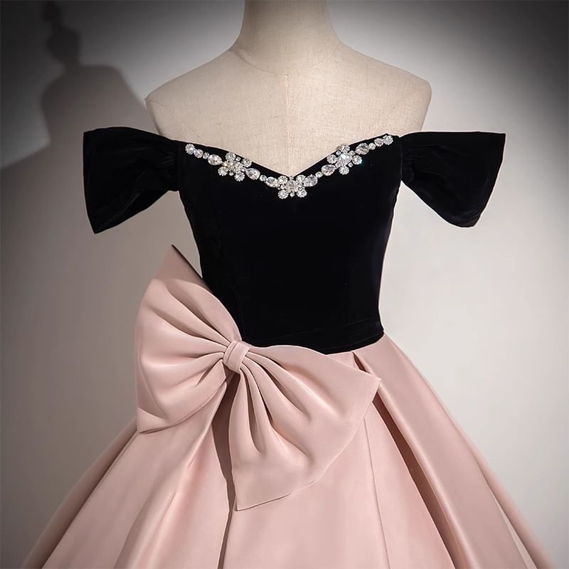 Gown Tone Rhinestone Ball Two Bow Off-Shoulder A-Line