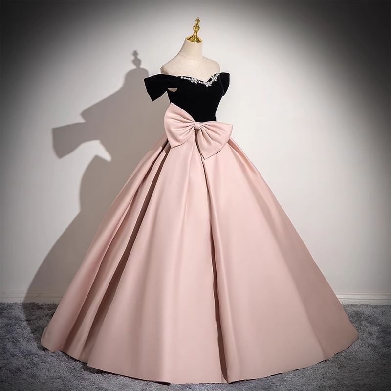Gown Tone Rhinestone Ball Two Bow Off-Shoulder A-Line