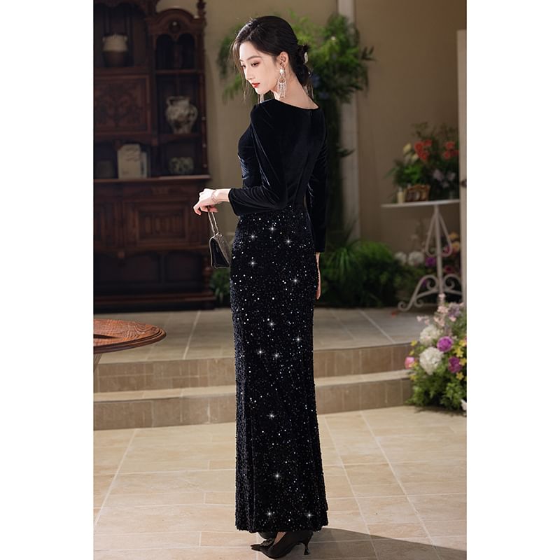 Sleeve Sequin Evening Mermaid Velvet V-Neck Gown Long