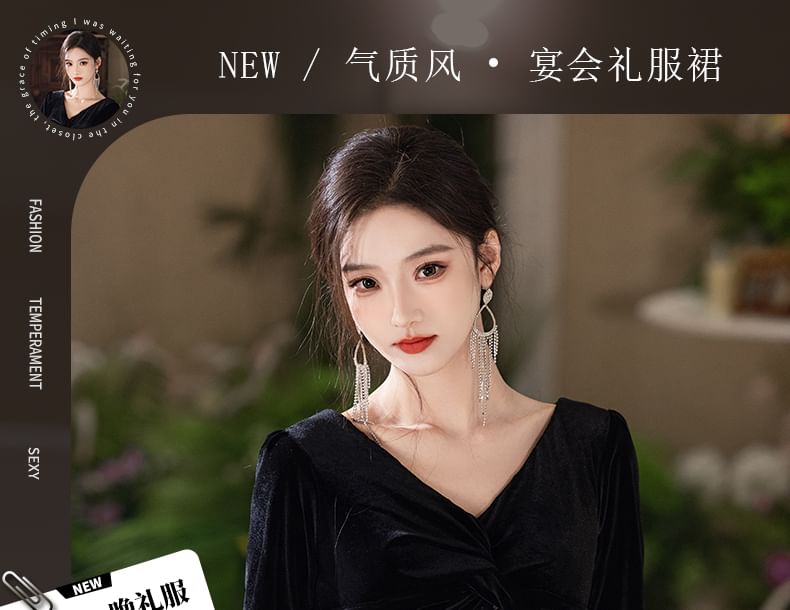 Sleeve Sequin Evening Mermaid Velvet V-Neck Gown Long