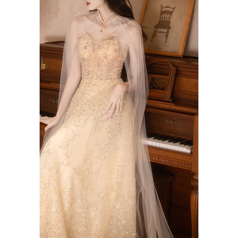 Gown Evening Floral / Panel Sheer Spaghetti A-Line Strap Cape V-Neck