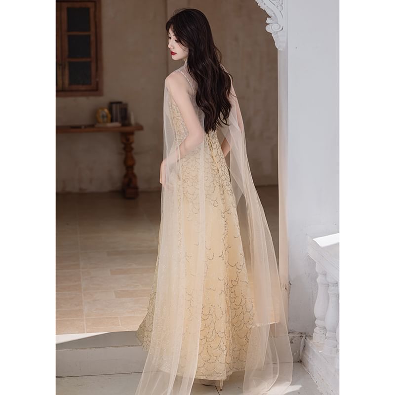 Gown Evening Floral / Panel Sheer Spaghetti A-Line Strap Cape V-Neck