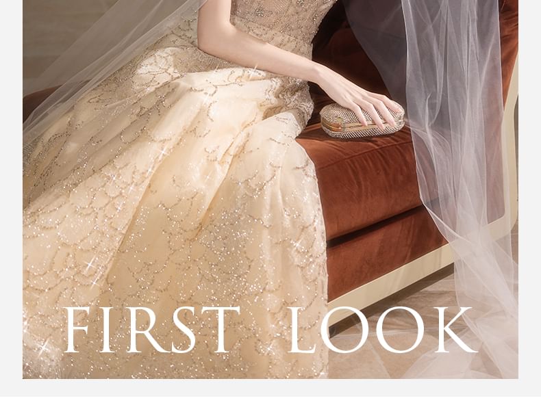 Spaghetti Strap V-Neck Floral A-Line Evening Gown / Sheer Panel Cape