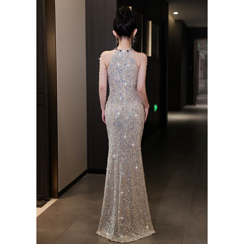 Evening Sheath Sleeveless Sequin Halter Neck Gown