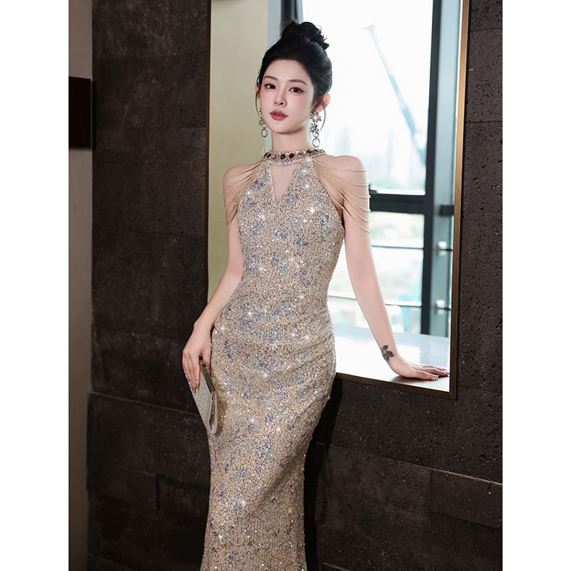 Evening Sheath Sleeveless Sequin Halter Neck Gown