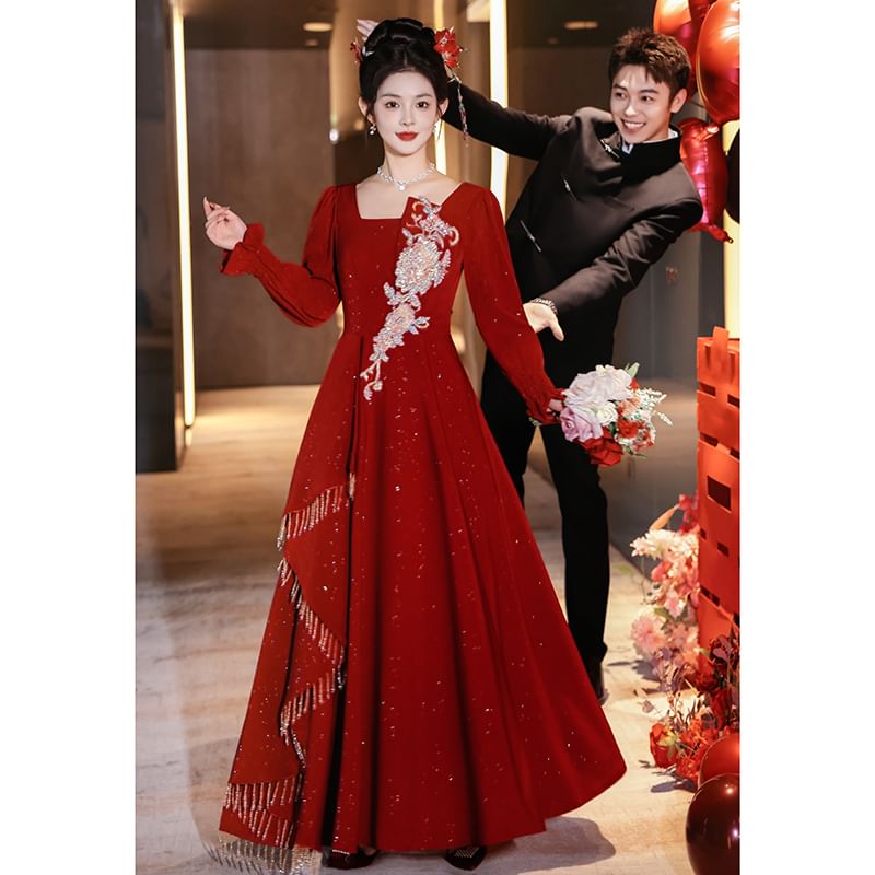 Long Sleeve Square Neck Embroidered A-Line Wedding Evening Gown