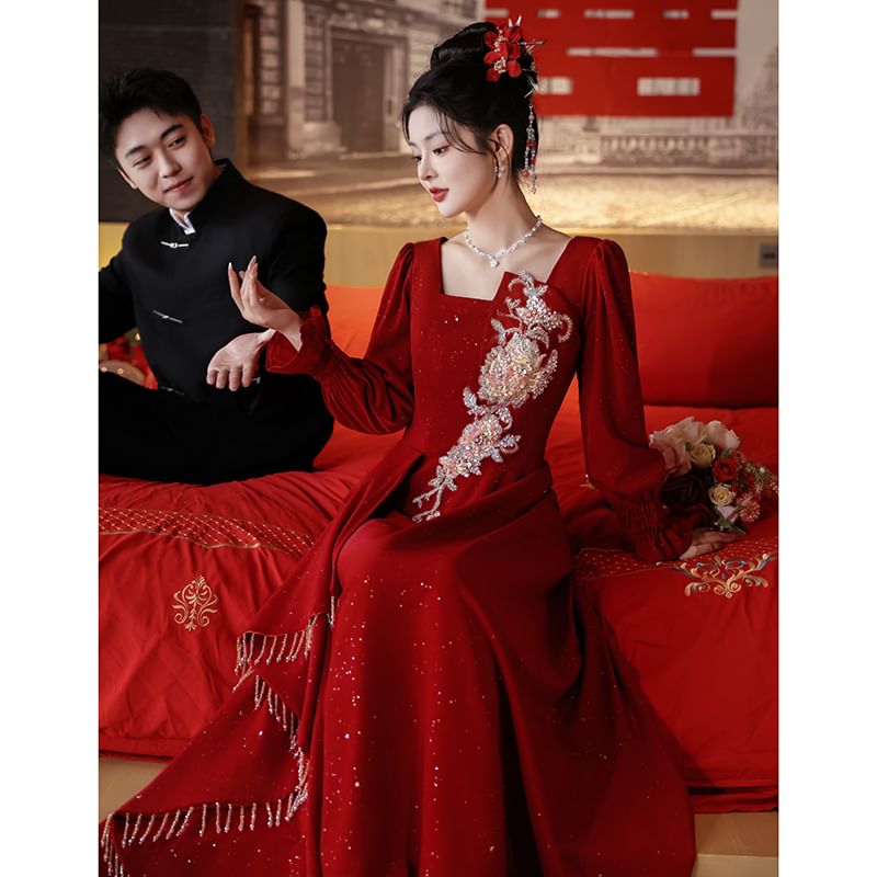 Long Sleeve Square Neck Embroidered A-Line Wedding Evening Gown