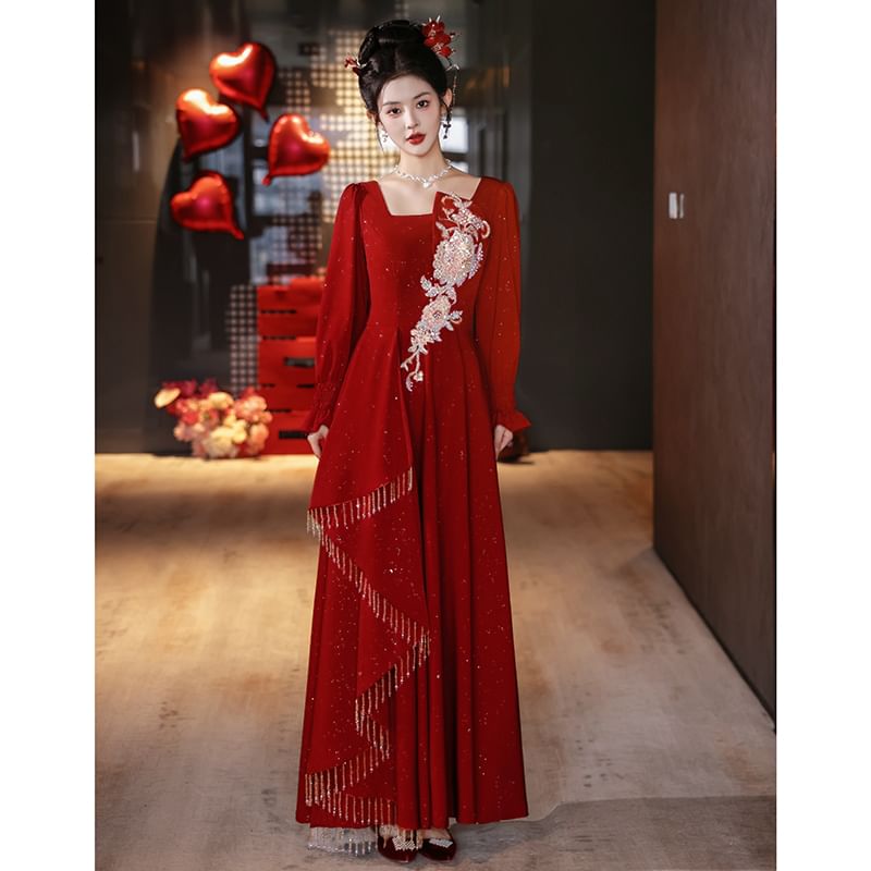 Long Sleeve Square Neck Embroidered A-Line Wedding Evening Gown