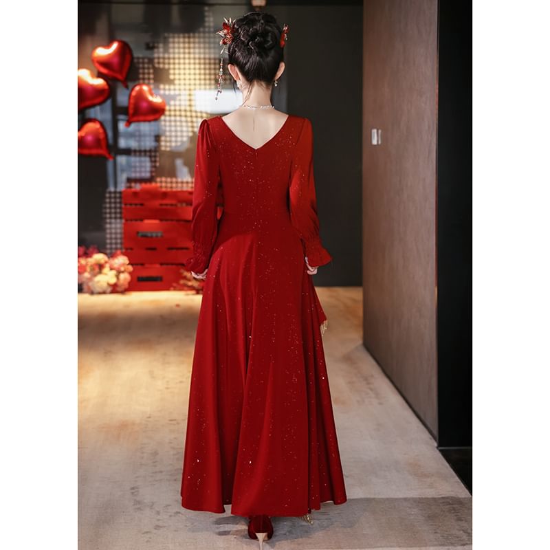 Wedding Square Long A-Line Embroidered Sleeve Gown Neck Evening