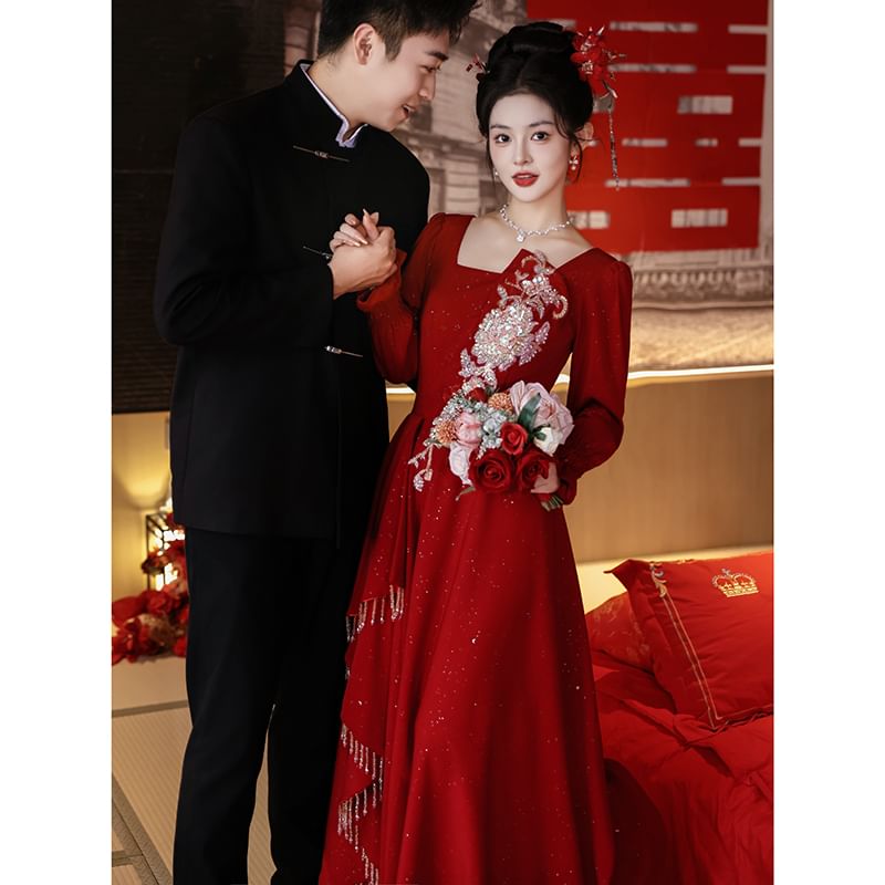 Long Sleeve Square Neck Embroidered A-Line Wedding Evening Gown