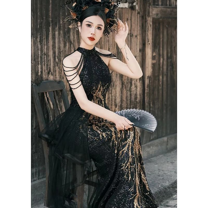 Sequined Mock Neck Mermaid Gown Evening Sleeveless