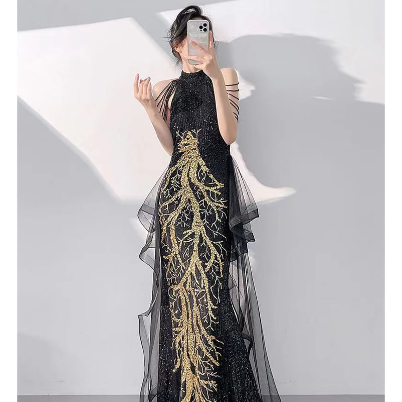 Sleeveless Mock Neck Sequined Mermaid Evening Gown