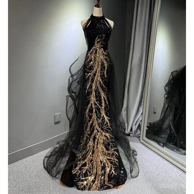 Sequined Mock Neck Mermaid Gown Evening Sleeveless