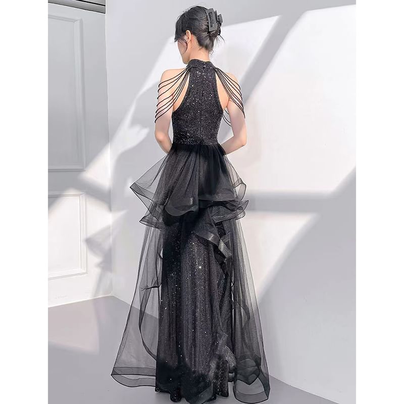 Sequined Mock Neck Mermaid Gown Evening Sleeveless