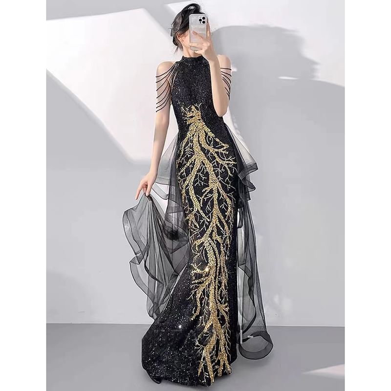 Sequined Mock Neck Mermaid Gown Evening Sleeveless