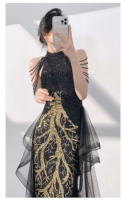 Sequined Mock Neck Mermaid Gown Evening Sleeveless