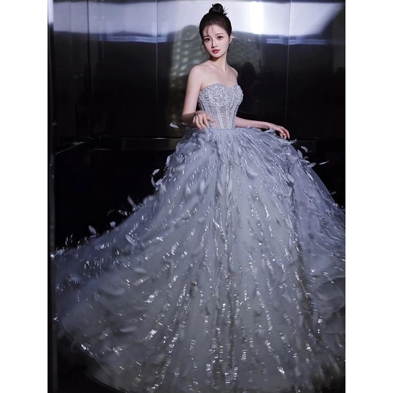 Gown Feather Strapless A-Line Sequin Evening