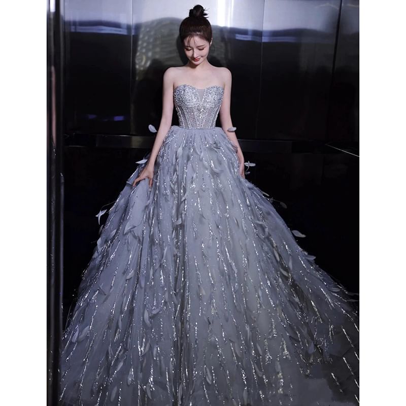 Gown Feather Strapless A-Line Sequin Evening