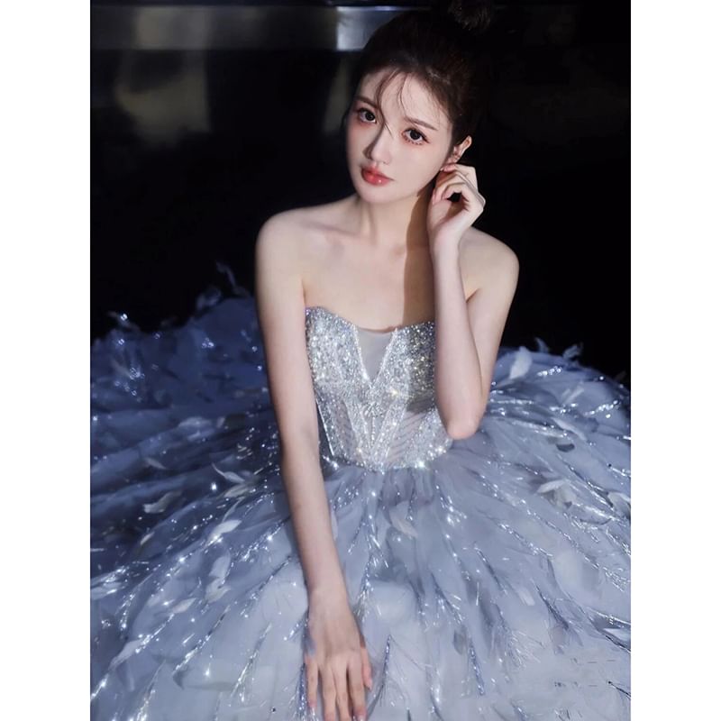 Gown Feather Strapless A-Line Sequin Evening