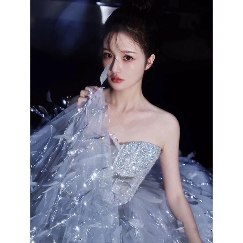Gown Feather Strapless A-Line Sequin Evening