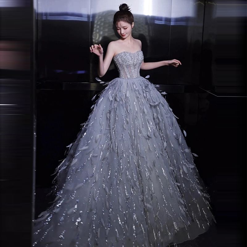 Gown Feather Strapless A-Line Sequin Evening