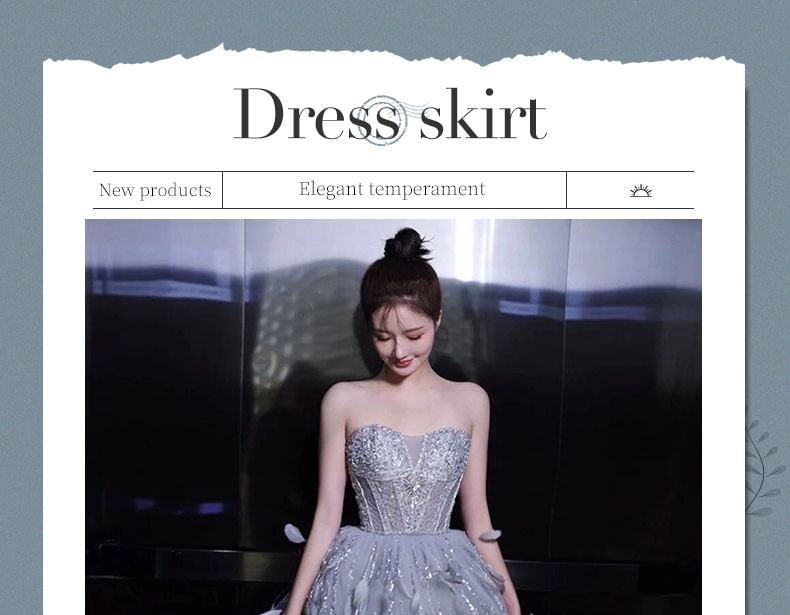 Gown Feather Strapless A-Line Sequin Evening