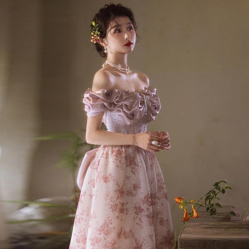 Shoulder Gown Off Trim Ruffle A-Line Print Evening Floral