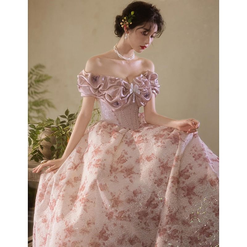 Shoulder Gown Off Trim Ruffle A-Line Print Evening Floral