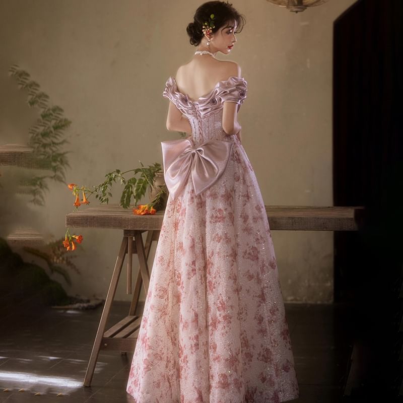 Off Shoulder Ruffle Trim Floral Print A-Line Evening Gown