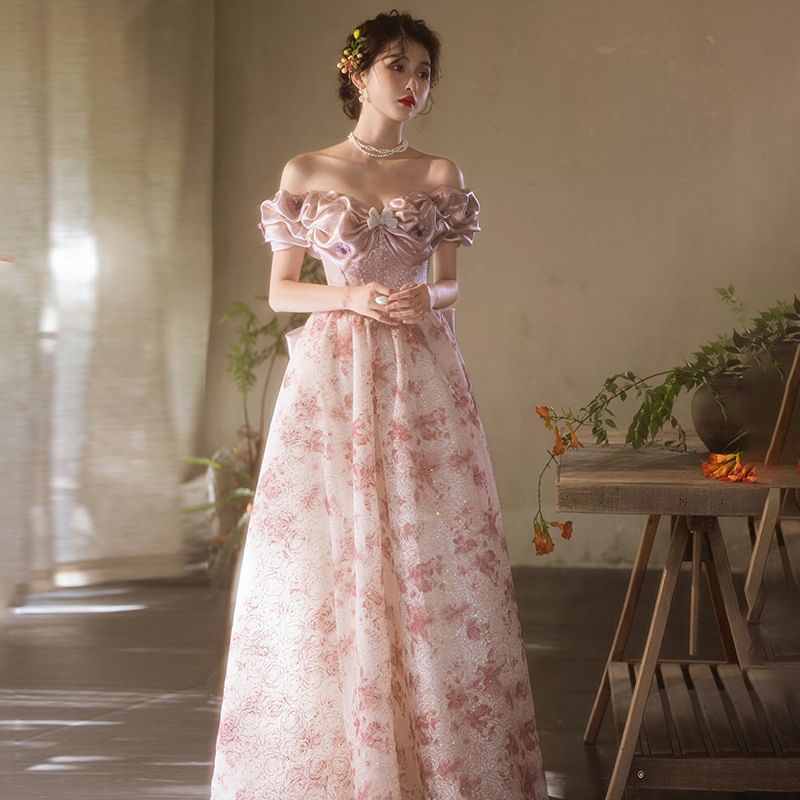 Shoulder Gown Off Trim Ruffle A-Line Print Evening Floral